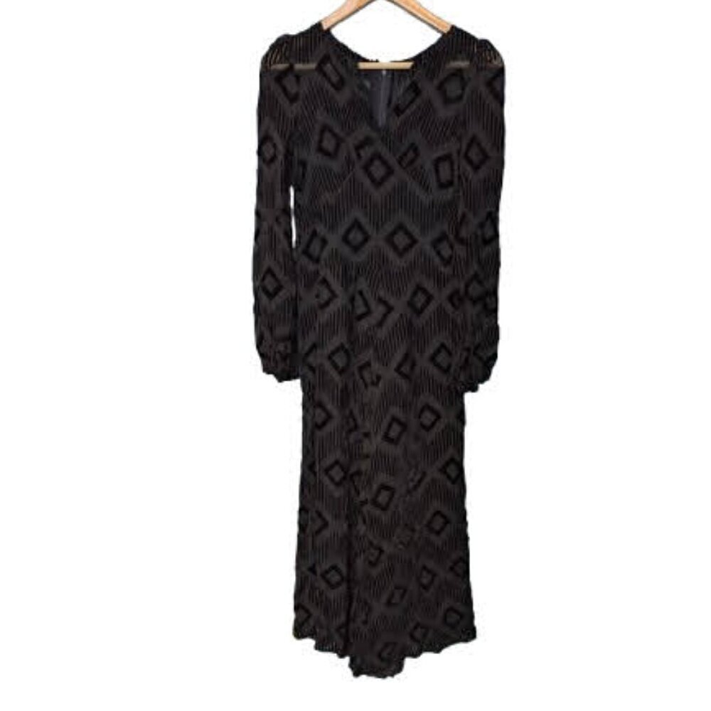 Vintage Black Sheer Maxi Dress | Geometric Velvet Burnout | Witchy